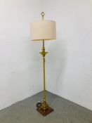 BRASS LAMP STANDING ON MARBLE BASE WITH CREAM SHADE - SOLD AS SEEN