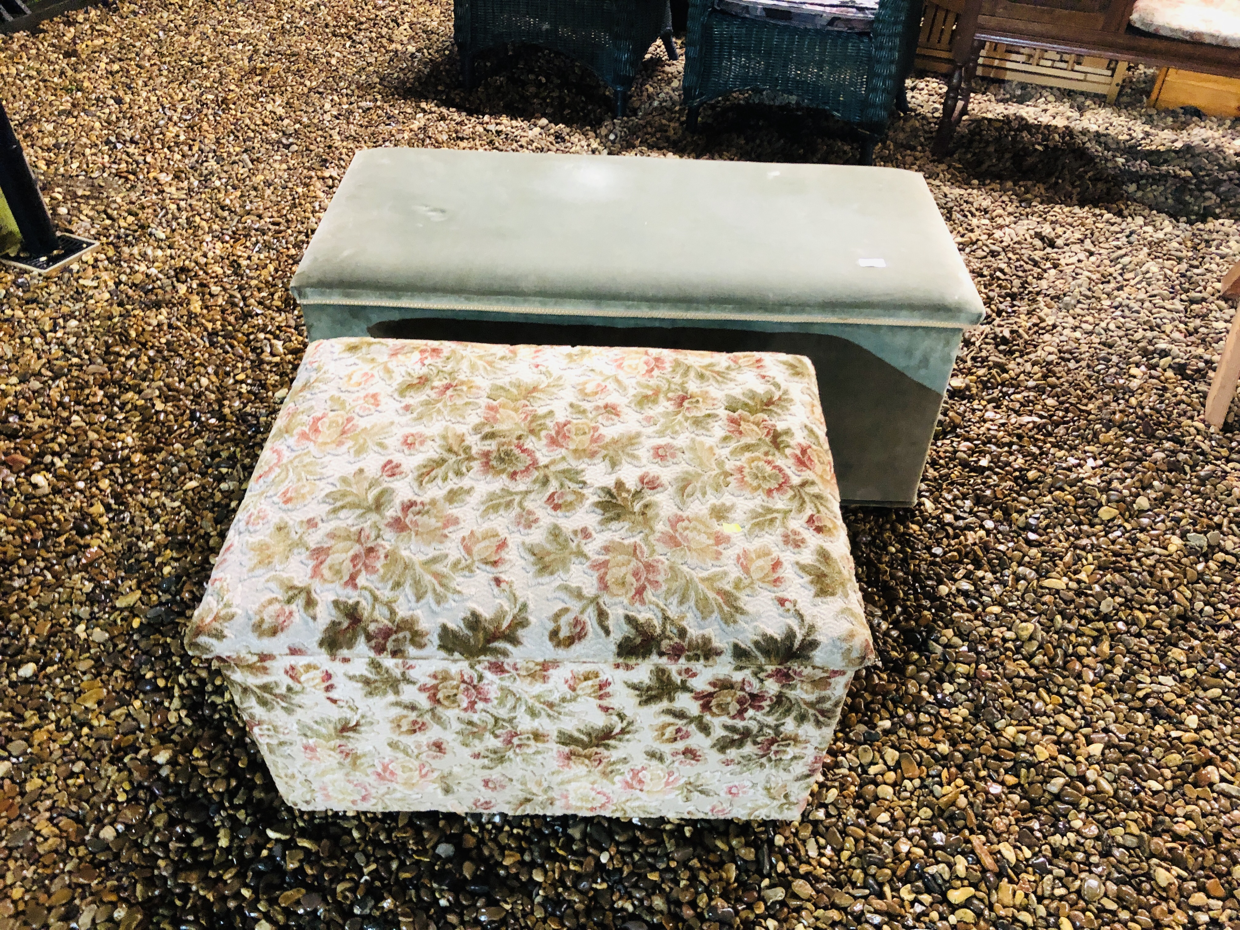 TWO UPHOLSTERED OTTOMANS (GREEN - W 109CM. D 52CM. H 44CM. PATTERNED W 78CM. D 57CM. H 42CM.