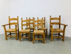 A SET OF SIX SOLID BEECHWOOD DINING CHAIRS WITH RUSH SEATS (4 SIDE,
