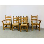 A SET OF SIX SOLID BEECHWOOD DINING CHAIRS WITH RUSH SEATS (4 SIDE,