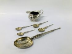 SILVER CREAM JUG, BIRMINGHAM ASSAY, ALONG WITH 5 SILVER GILT ANOINTING SPOONS,