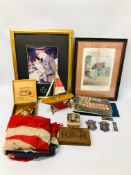 BOX OF ASSORTED EPHEMERA AND COINAGE TO INCLUDE A BRITISH FLAG A/F, STAMPS AND FIRST DAY COVERS,