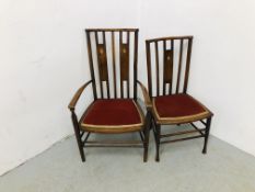 TWO ARTS AND CRAFTS STYLE MAHOGANY SIDE CHAIRS ONE HAVING ARMS,