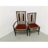 TWO ARTS AND CRAFTS STYLE MAHOGANY SIDE CHAIRS ONE HAVING ARMS,