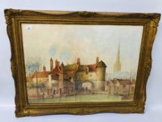 A LARGE GILT FRAMED WATERCOLOUR SCENE, PULLS FERRY FROM THE RIVER, INDISTINCT SIGNATURE,