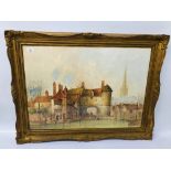 A LARGE GILT FRAMED WATERCOLOUR SCENE, PULLS FERRY FROM THE RIVER, INDISTINCT SIGNATURE,