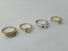 3 X VARIOUS 9CT GOLD CZ SET DRESS RINGS AND A 14K WHITE GOLD CZ TRILOGY RING