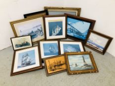 A COLLECTION OF 13 FRAMED SEA FARING PRINTS AND PICTURES MAINLY TALL SHIPS