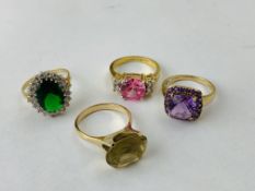 3 X 9CT GOLD STONE SET DRESS RINGS AND YELLOW METAL PINK STONE DRESS RING