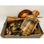 BOX OF ASSORTED METALWARE TO INCLUDE A VINTAGE COPPER LANTERN, COPPER HORN,