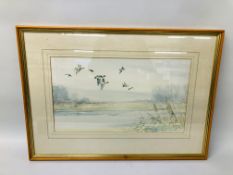 FRAMED WATERCOLOUR "DUCKS IN FLIGHT" BEARING SIGNATURE "JASON PARTNER" - W 50CM. H 28.5CM.