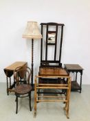 A GROUP OF OCCASIONAL FURNITURE TO INCLUDE OAK HALL STAND, OAK BARLEY TWIST TWO TIER STAND,