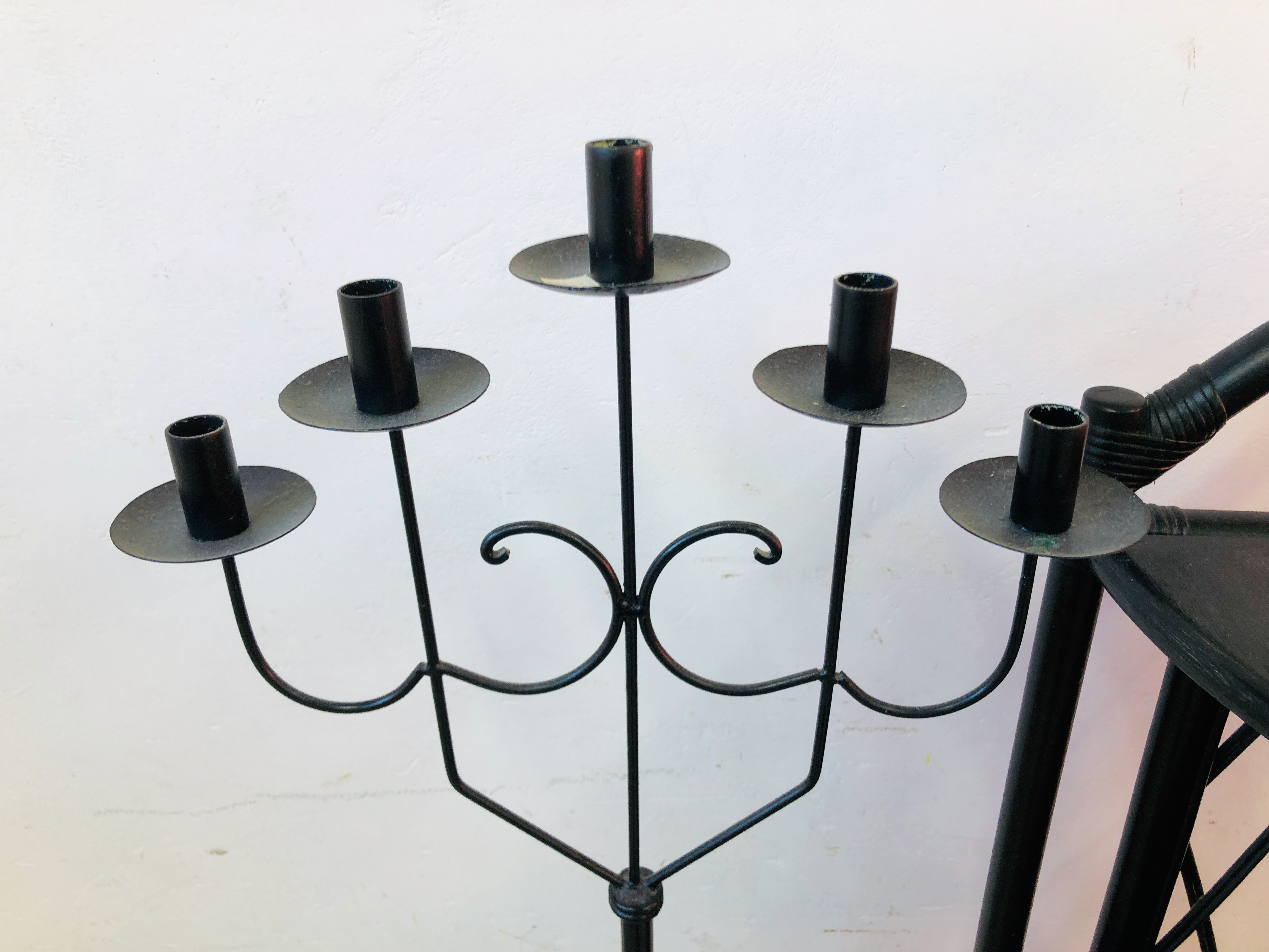 A CANE WORK FOUR TIER CORNER STAND AND A METAL CRAFT FLOOR STANDING CANDELABRA - Image 2 of 5