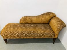 A VICTORIAN CHAISE LOUNGE, UPHOLSTERED IN GOLD FLOCK MATERIAL L 180CM, D 72CM,