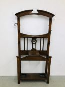 AN OAK HALL STAND WITH INSET BAROMETER (LACKING MIRROR) W 91CM, D 33CM,