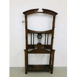 AN OAK HALL STAND WITH INSET BAROMETER (LACKING MIRROR) W 91CM, D 33CM,