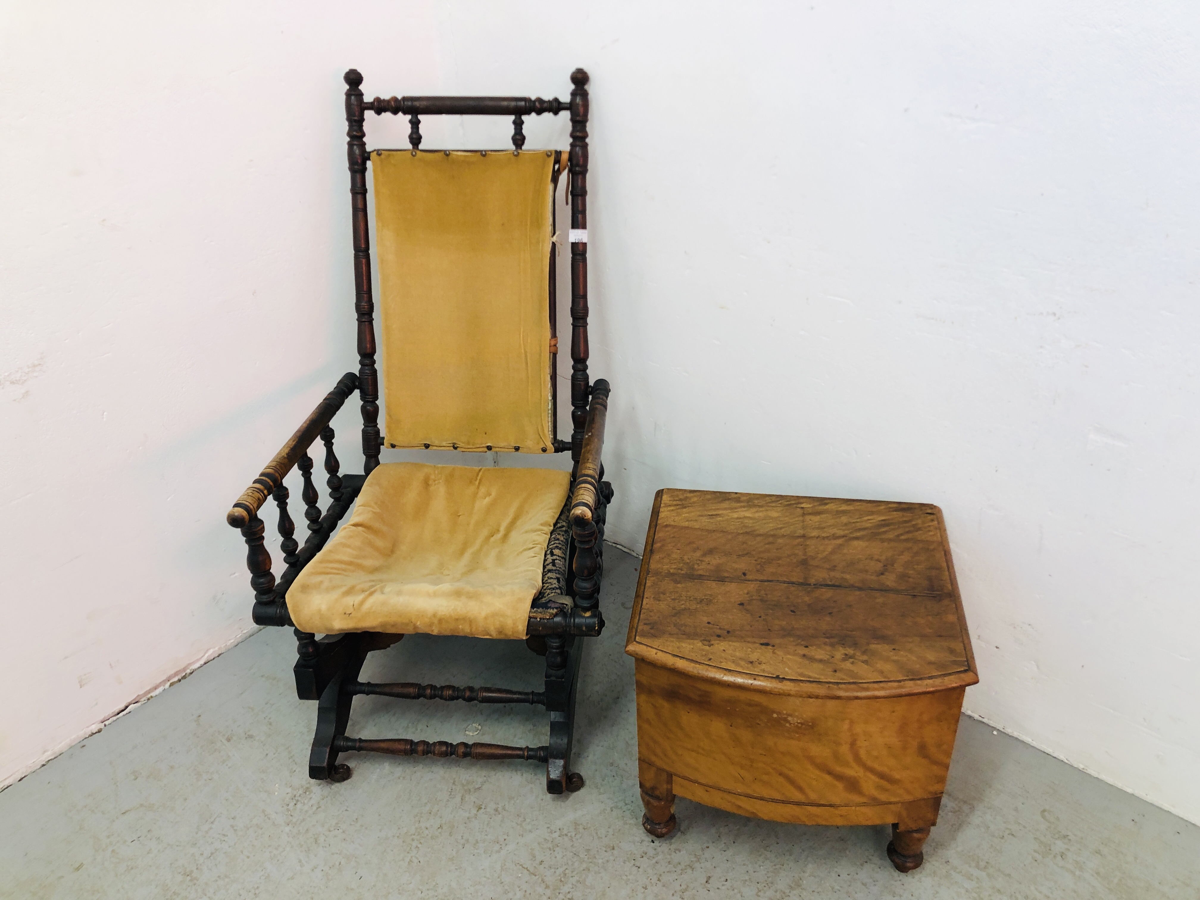 A VICTORIAN ROCKING CHAIR + VINTAGE COMMODE