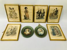 SET OF 6 FRAMED HAND COLOURED FASHION / BOOK PLATES - H 19CM. W 14CM.