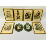 SET OF 6 FRAMED HAND COLOURED FASHION / BOOK PLATES - H 19CM. W 14CM.