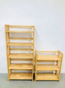 TWO FOLDING BEECH WOOD OPEN SHELVING UNITS (5 TIER - W 70CM. D 29CM. H 156CM. 3 TIER - W 70CM.