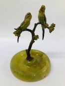 VINTAGE COLD PAINTED BRONZE, PAIR OF BUDGIES UPON A BRANCH, CIRCULAR ONYX BASE - H 15CM.