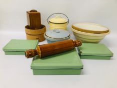 A COLLECTION OF VINTAGE KITCHENALIA TO INCLUDE JAPANESE ENAMELLED SANDWICH TINS,