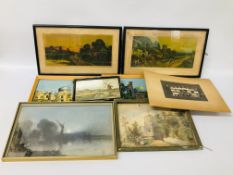 COLLECTION OF FRAMED PRINTS TO INCLUDE FRAMED WATERCOLOUR DEPICTING WINDMILL "CHURCH SCENE" IN