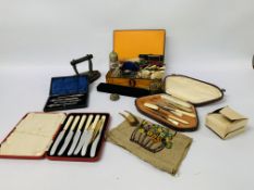 BOX OF ASSORTED VINTAGE COLLECTABLE'S TO INCLUDE THIMBLES, PROPELLING PENCILS, PENS,