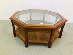 MODERN OCTAGON GLAZED COFFEE TABLE WITH RATTAN LOWER TIER - W 96CM. D 96CM. H 39CM.