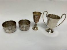 A TWO-HANDLED TROPHY CUP, CHESTER 1925, ALONG WITH A KIDDUSH CUP, LONDON 1901, AND TWO SILVER BOWLS,