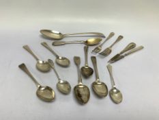 A GROUP OF 5 VARIOUS SILVER DESSERT SPOONS, GEORGIAN AND LATER; 2 NAIL FILES WITH SILVER HANDLES,