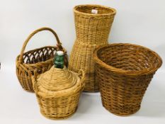 3 X WICKER BASKETS ALONG WITH A TWO HANDLED WINE CARRIER