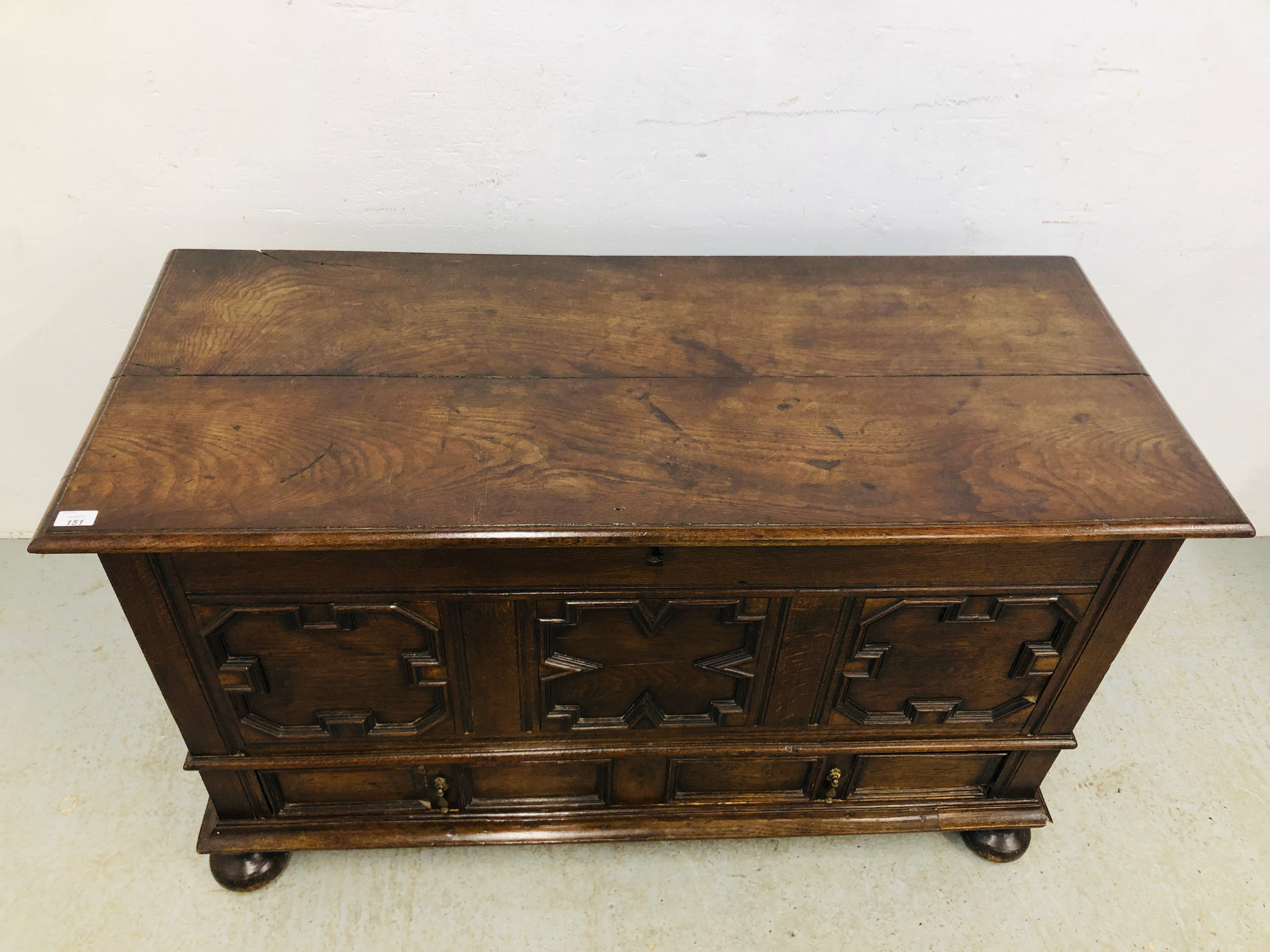 ANTIQUE OAK COFFER WITH TWO DRAWERS IN THE JACOBEAN STYLE - W 131CM. D 55CM. H 79CM. - Image 6 of 12