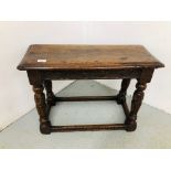 AN ANTIQUE OAK JOINT STOOL WITH HAND CARVED SUPPORTS AND STRETCHERS PART C17TH- L 70CM,