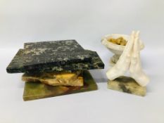 6 X MARBLE AND ONYX STANDS ALONG WITH AN ONYX TAZZA AND POLISHED STONES,