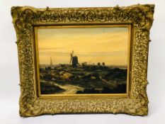 A GILT FRAMED OIL ON CANVAS BEARING SIGNATURE CLAUDE MUNCASTER DEPICTING WINDMILL AND LANDSCAPE