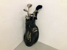 LEATHER GOLFING BAG COMPLETE WITH CLUBS COMPRISING OF KING COBRA KARSTEN AND TAILOR MADE