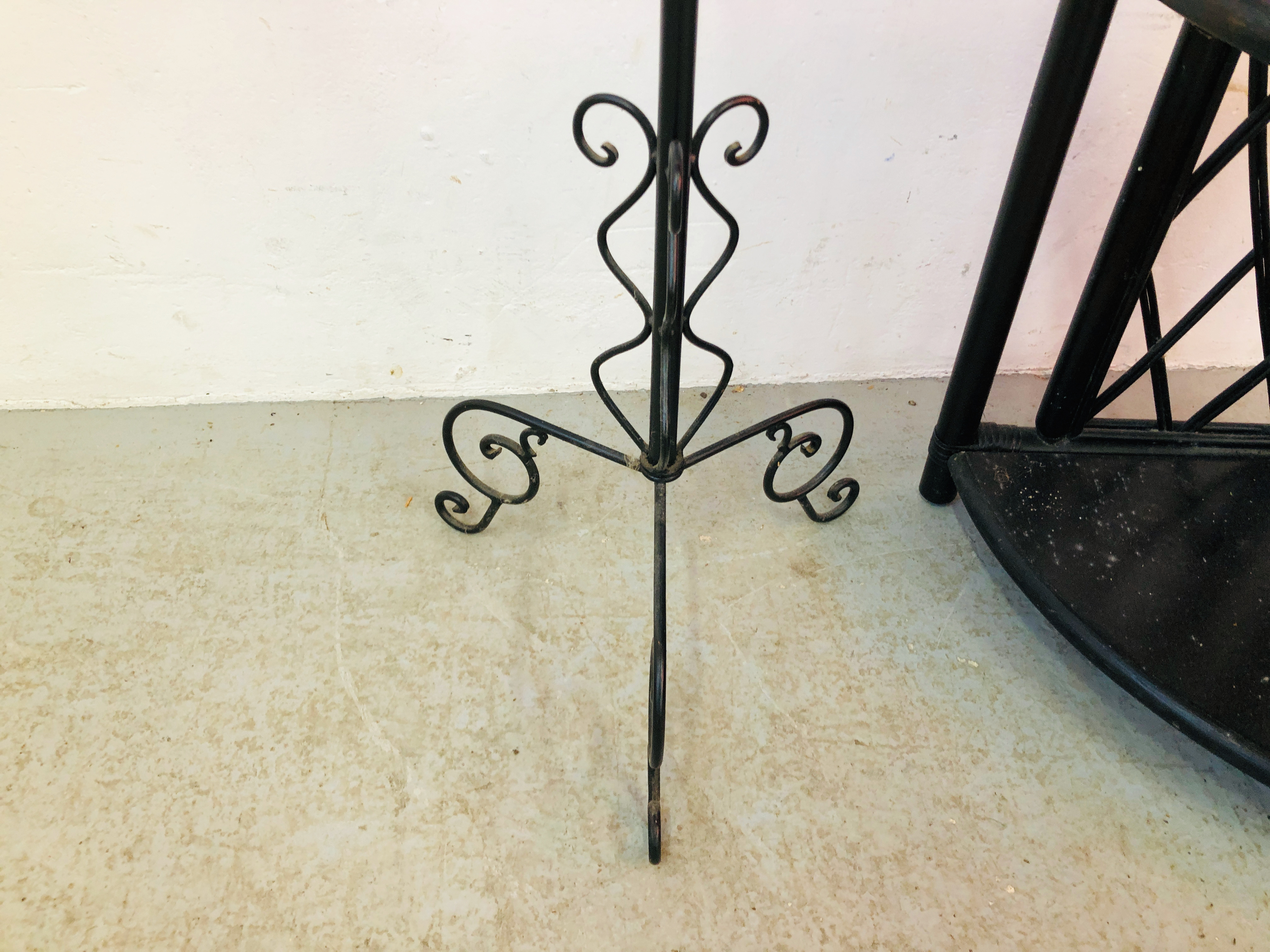 A CANE WORK FOUR TIER CORNER STAND AND A METAL CRAFT FLOOR STANDING CANDELABRA - Image 3 of 5
