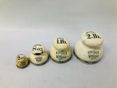 4 X VINTAGE W&T AVERY BIRMINGHAM PORCELAIN IMPERIAL WEIGHTS 2 lB, 1 lB, 8oz, 2oz (REQUIRE ATTENTION,