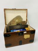 SMALL VINTAGE WOODEN LUGGAGE BOX WITH METAL BOUND DETAIL ALONG WITH VARIOUS ARTISTS EQUIPMENT ETC