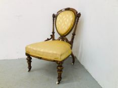 VICTORIAN ORNATE WALNUT NURSING CHAIR, WITH GOLD UPHOLSTERED SEAT AND BACK - H 85CM.