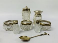 COLLECTION OF SILVER TO INCLUDE CUT GLASS SALTS, PERFUME BOTTLE, PEPPER ETC.