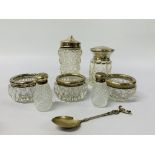 COLLECTION OF SILVER TO INCLUDE CUT GLASS SALTS, PERFUME BOTTLE, PEPPER ETC.