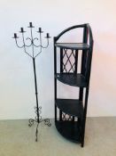 A CANE WORK FOUR TIER CORNER STAND AND A METAL CRAFT FLOOR STANDING CANDELABRA