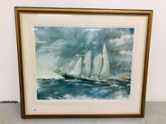 A FRAMED AND MOUNTED FRANCIS RUSSELL FLING PRINT SAILING SCENE - PRINT SIZE 48CM X 63CM.