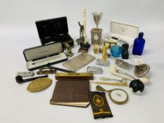 A BOX OF COLLECTIBLES TO INCLUDE SILVER PLATED SERVING FORK, PENS SUCH AS PARKER,