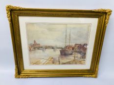 GILT FRAMED WATERCOLOUR GREAT YARMOUTH KEY SIDE BEARING SIGNATURE "W.E. MAYES" - W 47CM. H 35CM.