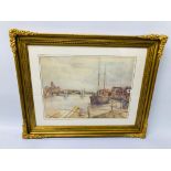 GILT FRAMED WATERCOLOUR GREAT YARMOUTH KEY SIDE BEARING SIGNATURE "W.E. MAYES" - W 47CM. H 35CM.