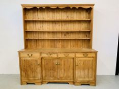 WAXED PINE 4 DRAWER 4 DOOR DRESSER - W 186CM. D 50CM. H 197CM.