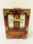 ORIENTAL HARDWOOD MINIATURE JEWELLERY CABINET WITH PIERCED HARDSTONE PANELS - H 21CM., W 15CM.